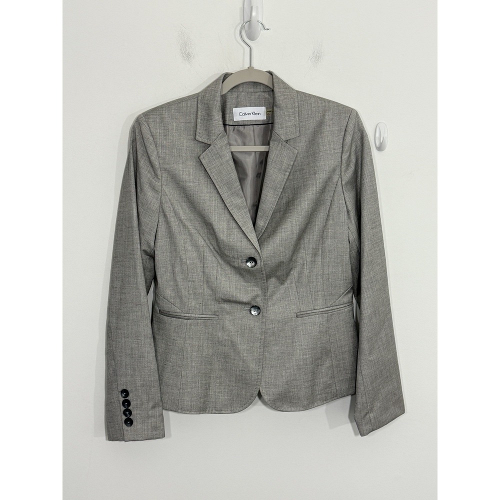 Calvin Klein Womens Blazer 10 Gray Linen Blend Career Business Lined Jacket